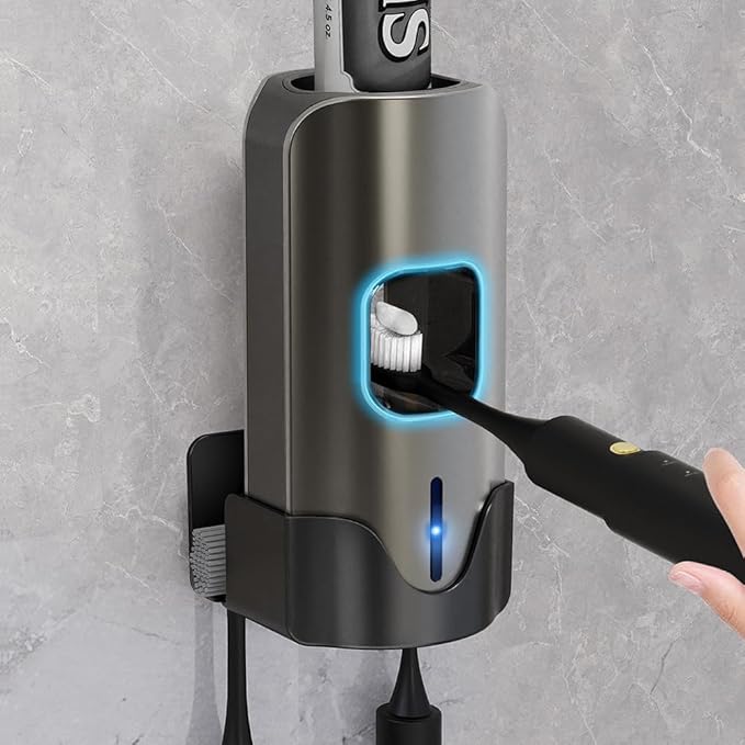 Automatic Toothpaste Dispenser Wall Mounted - Smart Touchless Toothpaste Squeezer with 3 Adjustable Levels, 2 Toothbrush Holders- for Kids and Adults, Bathroom Essentials