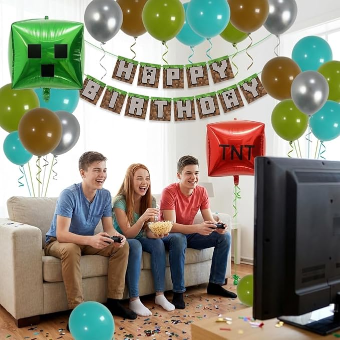 127Pcs Video Game Balloon Arch Garland Kit with Green Teal Blue Brown Metallic Silver Balloons, for Gaming Theme Party Decor, Birthday Party Supplies, Kids' Party Crafts and Decorations