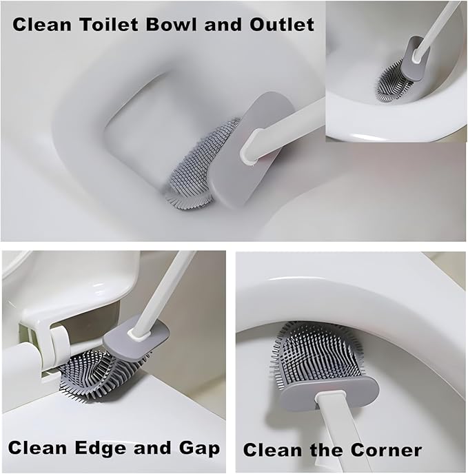 Toilet Brush with Holder Silicone Toilet Brush and Cleaning Brush for Household Bathroom Toliet Brush Set (White,Gray)