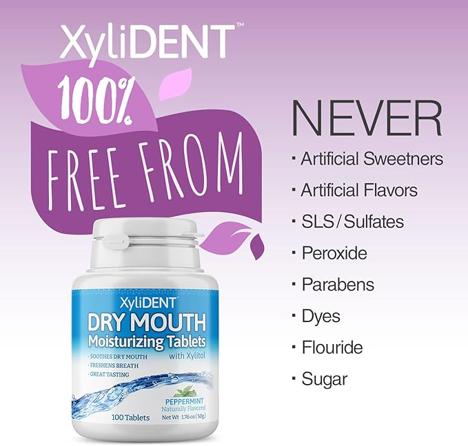 Nature's Stance XyliDENT Xylitol Tablets for Dry Mouth Relief - Stimulates Saliva, Freshens Breath, Reduces Acid Production, Fast Acting Relief, 100 Count (Peppermint)