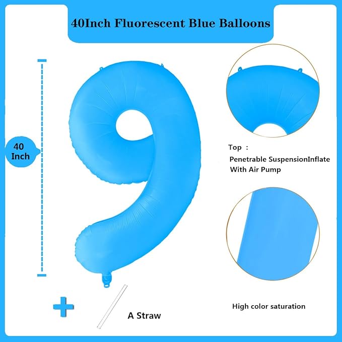 Fluorescent Blue Number Balloon 40 inch Giant Foil Helium Balloons Blue Number 9 Balloon for 9th Birthday Party Decorations