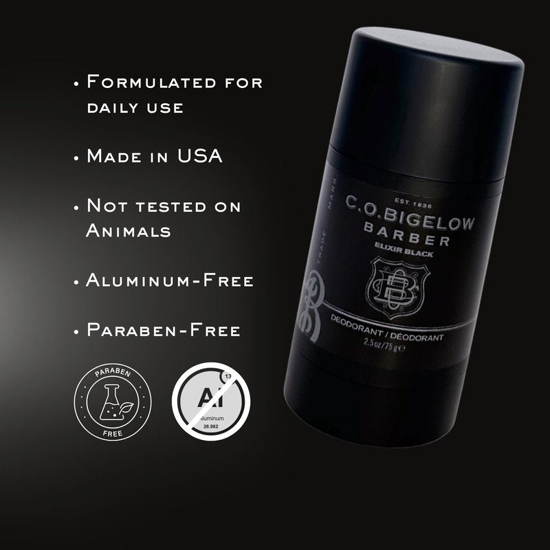 C.O. Bigelow Elixir Black Aluminum Free Deodorant for Men, Musk & Vanilla Scented Non Toxic Deodorant, Gel Stick Formula, 2.5oz