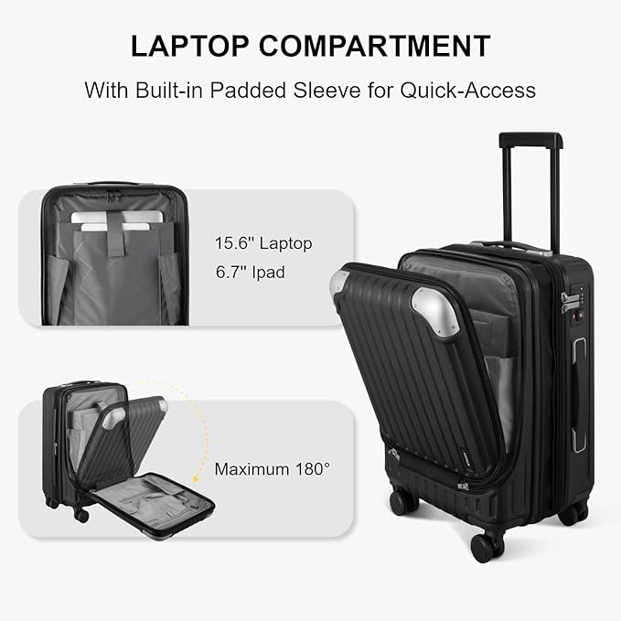 LEVEL8 Grace Hard Shell Carry on Luggage with Front Compartment, 20 Inch Expandable Suitcases with Wheels, Lightweight Carry-on Suitcase for Airplane, Tsa Lock, Black