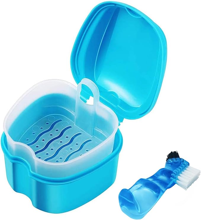 Keedolla Denture Cup Orthodontic Retainer Case, Denture Bath Box Dental Mouthguard Case Cleaning with Brush, Strainer Basket and Lid Waterproof - Blue