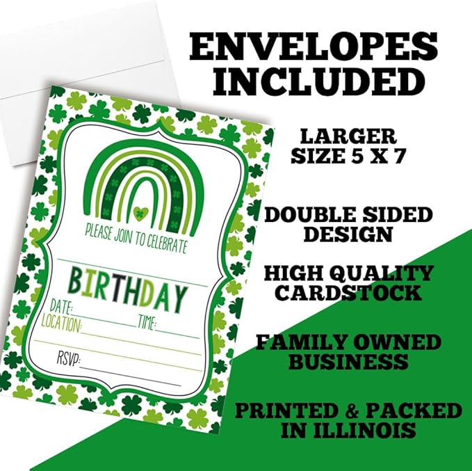 St. Patrick's Day Green Shamrock Rainbow Themed Birthday Party Invitations for Kids, 20 5x7 Fill In Cards with Twenty White Envelopes by AmandaCreation