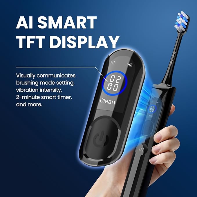 Electric Toothbrush, Sonic Toothbrush for Adults Teens with Pressure Sensor, AI Zone Cleaning Tracking, 5 Modes & 3 Intensities, 180 Days Battery Life, 4 Brush Heads with Travel Case, Black