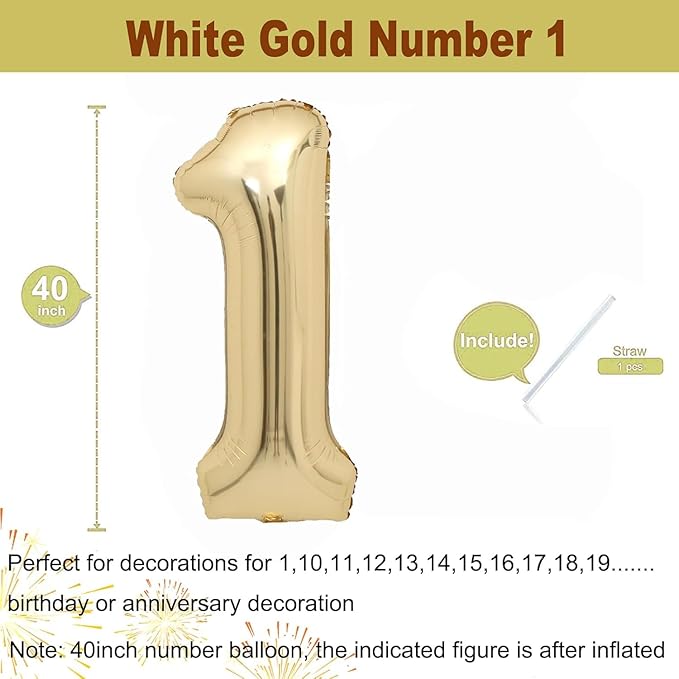 40 inch White Gold Number Balloon Giant Foil Helium Balloons Champagne Gold Number 1 Balloon for 1st Birthday Party Decorations