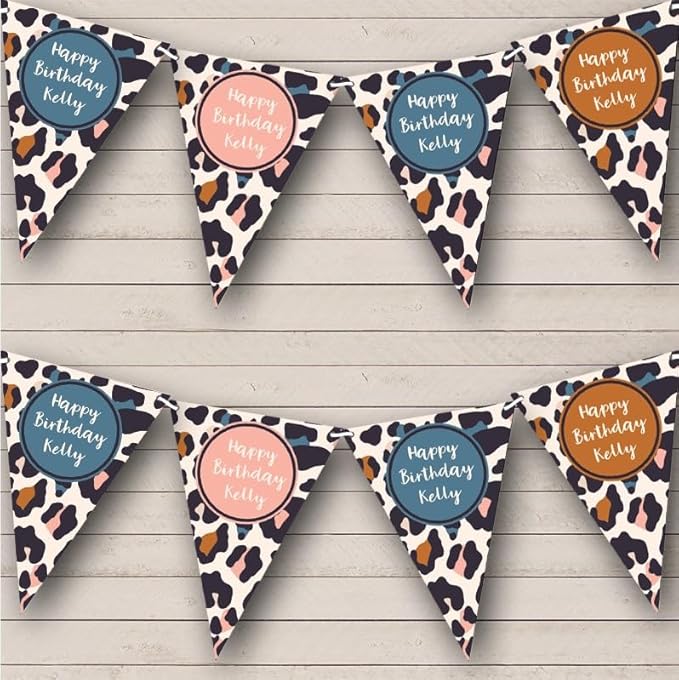 Animal Print Pastel Leopard Pattern Personalized Birthday Party Bunting - Hanging Party Decoration - Birthday Party Banner Garland | Decorative Party Supplies