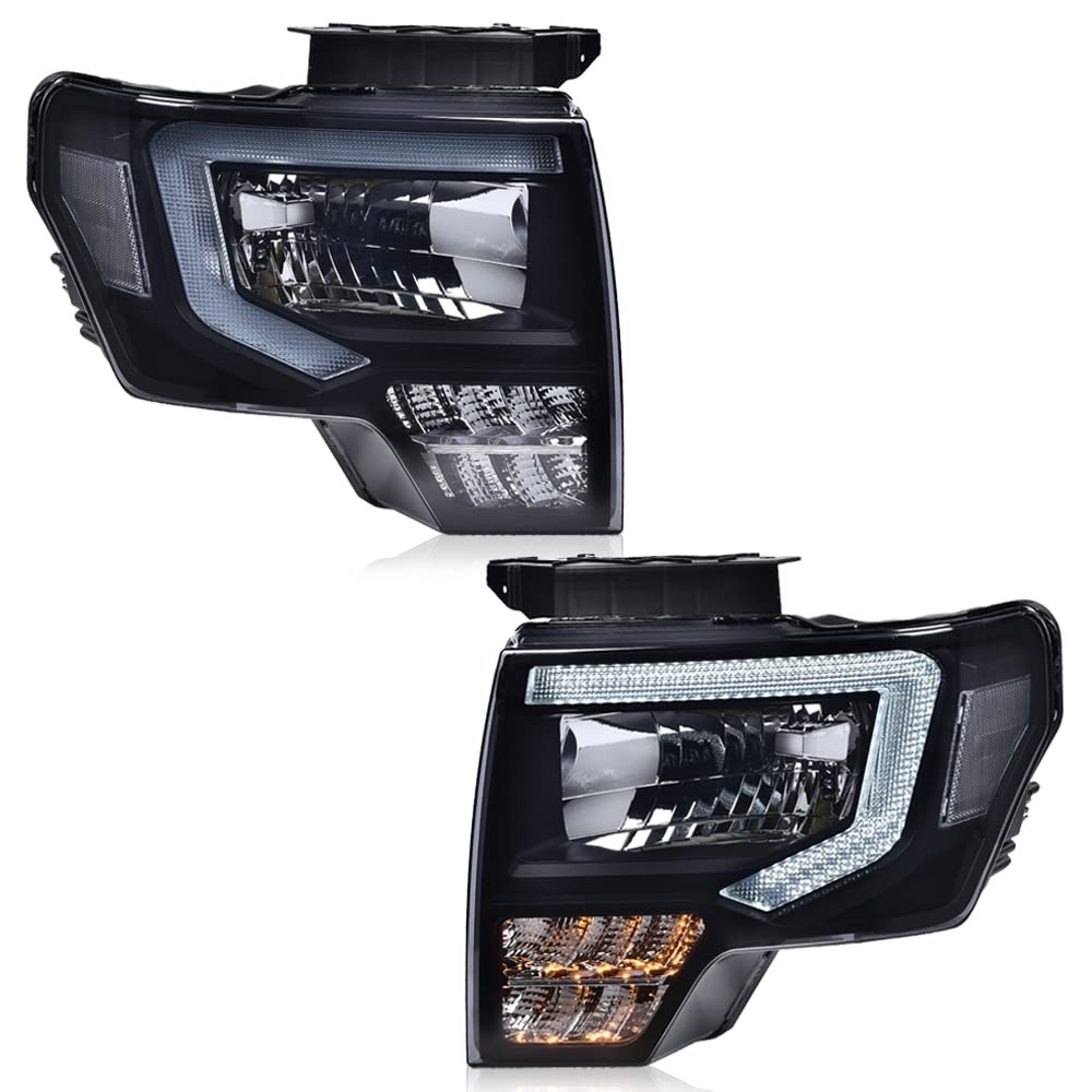 G-PLUS LED Tube Headlights Assembly Compatible with Ford F150 2009-2014 Pair Left & Right Headlamps Assembly, Smoky Lens Black H