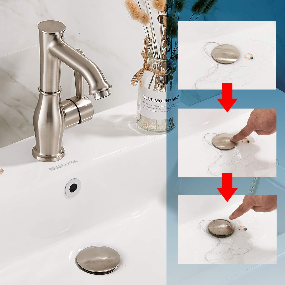 Vessel Sink Drain for Bathroom, Pop-up Drain With Detachable Basket Stopper, Anti-Explosion And Anti-Clogging Drain Strainer, Sink Drain Assembly With Overflow Brushed Nickel, REGALMIX RWF083J
