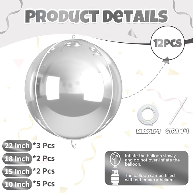 12 Pcs Silver Foil Balloons, 22" 15" 10" 4D Ball Shape Balloons Mirror, Different Size Metallic Silver Balloons for Disco Graduation Birthday Wedding New Year Baby Shower Party decorations Backdrop