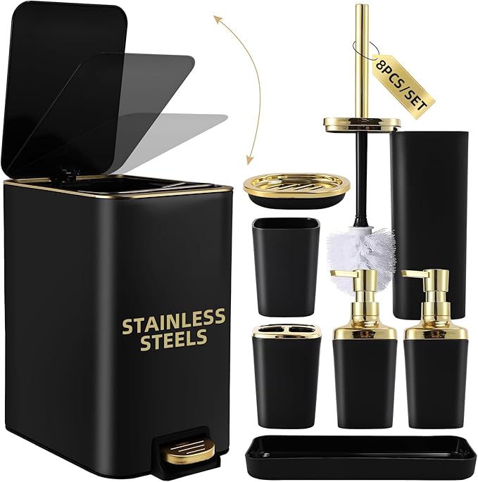 Black Bathroom Accessories 8 Piece Black and Gold Bathroom Set, Bathroom Accessories with Stainless Steel Bathroom Trash Can,Toilet Brush,Toothbrush Set,Soap Dispenser
