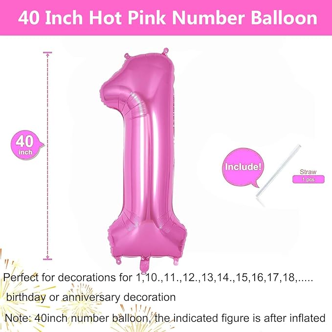 Pink Number Balloons, Large Hot pink Number 1 Balloon 40 Inch Pink 1 Balloon for Men Women Boys Girls 1st Birthday Party Decoration
