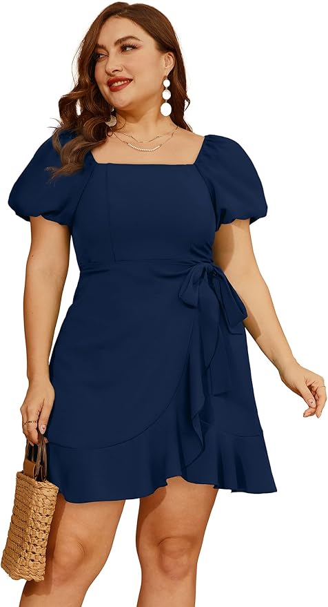 Sampeel Womens Summer Dresses Square Neck Puff Sleeve Tie Waist Short Dress