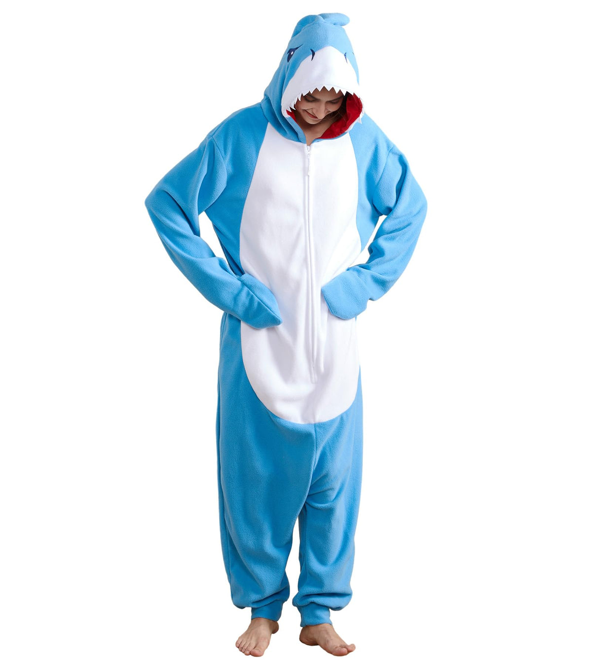 Focupaja Shark Pajamas Adult Animal Cosplay Costume One Piece Cartoon Homewear Sleepwear Onesie for Women Men Dark Blue XL