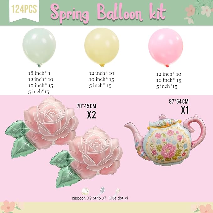 Spirng Tea Party Balloon Garland Kit Pastel sage green pink balloons With Teapot & Rose mylar balloons for outdoor garden Let's Par Tea Girls Birthday Alice in Wonderland decorations