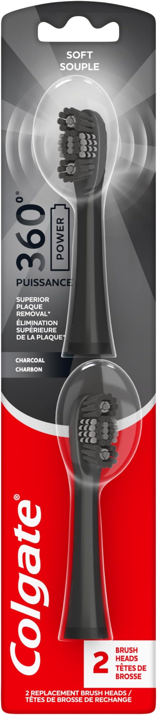 Colgate 360 Power Charcoal Replacement Toothbrush Heads, Works with Any 360 Battery Toothbrush, Features Soft Bristles and a Rubber Polisher on Each Replacement Head, 2 Pack