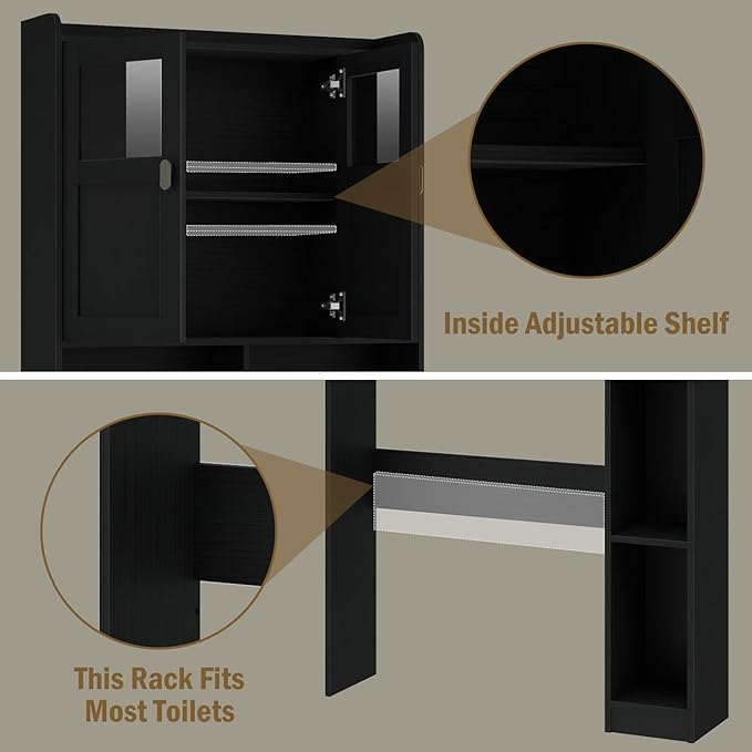 Vabches Over The Toilet Storage Cabinet, Bathroom Shelf Over Toilet with Glass Doors and Adjustable Shelves, Black Freestanding Home Space Save Toilet Rack, for Restroom, Bathroom, Laundry