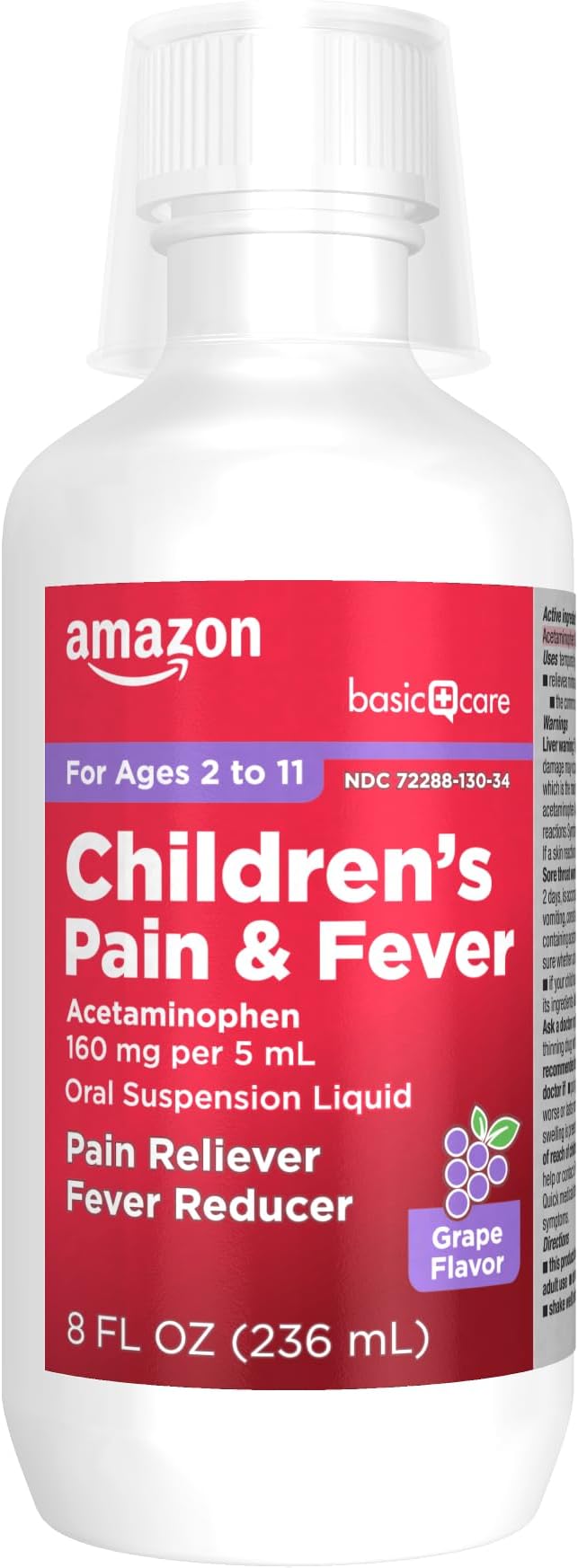Amazon Basic Care Children's Pain and Fever, Acetaminophen 160 mg per 5 mL Oral Suspension, Grape Flavor, 8 fl oz