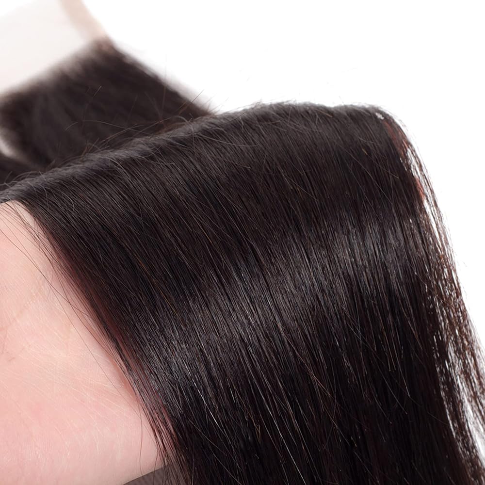 4X4 Straight HD Lace Closure Human Hair Extensions 12A Brazilian Virgin Remy 100% Unprocessed Human Hair Frontal Free Part Closure Only Pre Plucked With Baby Hair Natural Black 16 Inch