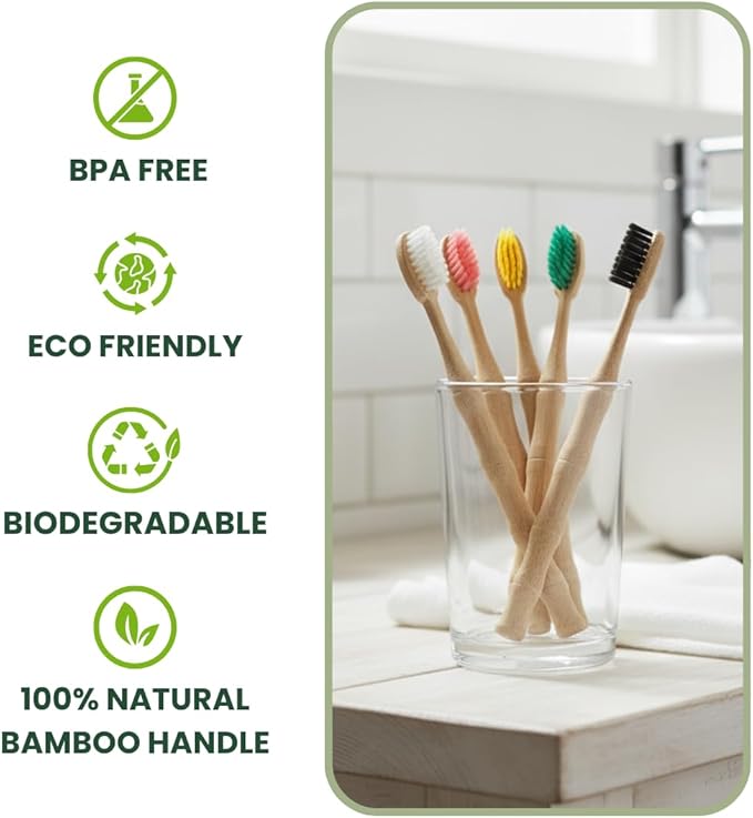 VIREO Bamboo Toothbrushes Medium Bristles 6-Pack - BPA-Free Eco-Friendly Toothbrushes for Adults - Biodegradable, Natural Wooden Toothbrush