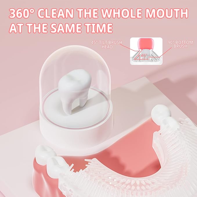 Kids Electric U Shaped Toothbrush Unicorn Rechargeable Sonic Toothbrush with 4 Soft Brush Heads with Kid Toothpaste IPX7 Waterproof - (Age 2-7, Pink)