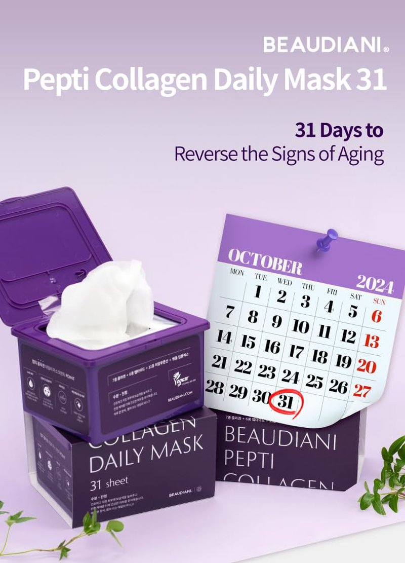 BEAUDIANI Pepti Collagen Daily Sheet Mask (31 Count) – Hydrating & Firming Face Mask with 7 Collagens, 6 Peptides & Hyaluronic Acid | Moisturizing Korean Skincare for All Skin Types
