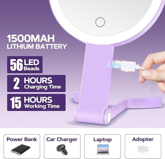 Lighted Makeup Mirror, 30X Magnifying Mirror with Light, Hanging and Handheld Mirror with Handle, Purple
