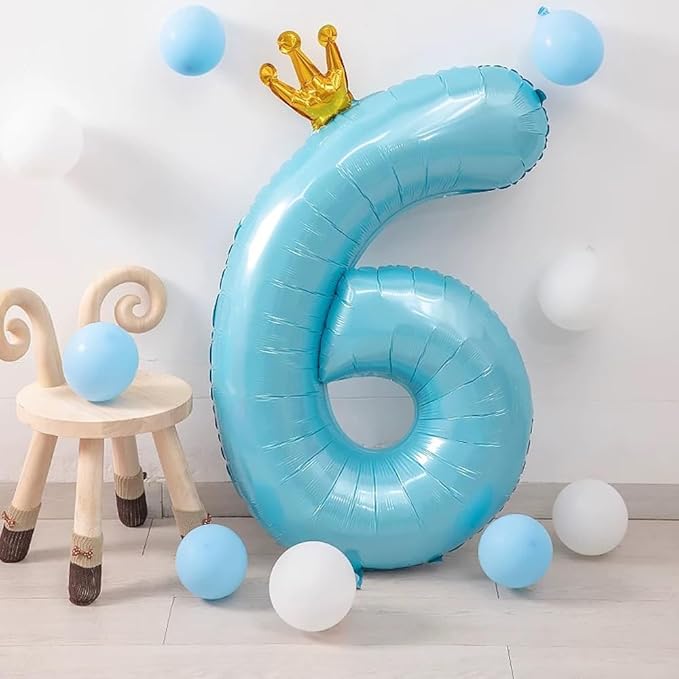 Blue Number 6 Balloon with Crown, 40 inch Blue Number Balloon 6th Birthday Party Decoration BlueCrown Balloons 0-9 for Birthday Party Anniversary Decorations Supplies