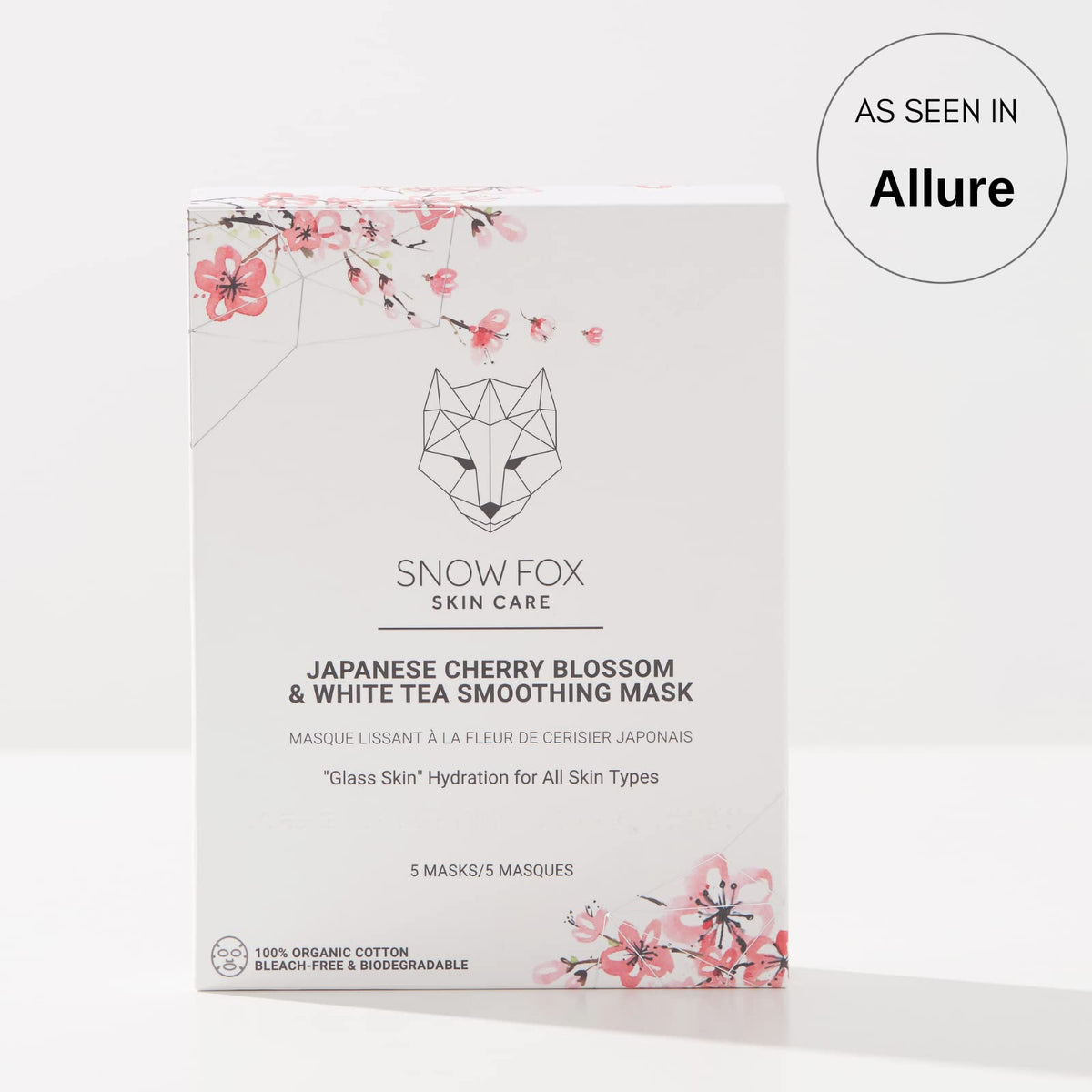 Snow Fox Japanese Cherry Blossom & White Tea Smoothing Sheet Mask – Hydrating Face Mask for Glass Skin Glow & Bridal Makeup Prep – Moisturizing Facial Skin Care for all Types – 5 Pack