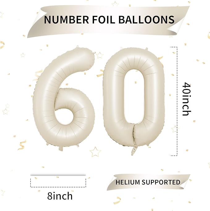 Biapian 40 Inch Cream Number 60 Balloon, 60th Birthday Balloons, Big Digital 60 Beige White Giant 60 Foil Balloon Helium for Men Women 60th Birthday Decorations Anniversary Baby Shower Party Supplies