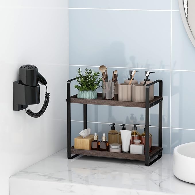 2-Tier Wood Bathroom Counter Organizer – Countertop Shelf, Sink Caddy & Makeup Storage, Brown