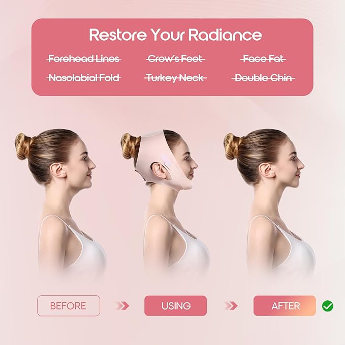 Graphene Chin Strap for Sleeping, Reusable V Line Lifting Mask Double Chin Reducer for Face Lift,Jaw Exerciser,Double Chin Eliminator for Women,Face Slimming Strap,Face lifting Mask,22.44in*8.39in