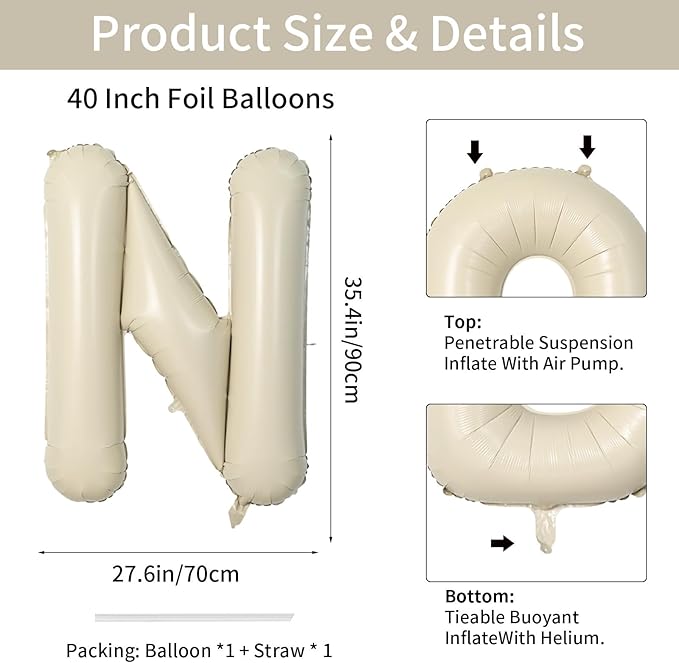 Biapian 40 Inch Giant Cream N Foil Balloon - Big Single Alphabet A-Z Balloons, Helium for Birthday, Baby Shower, Wedding, Anniversary Party Decoration