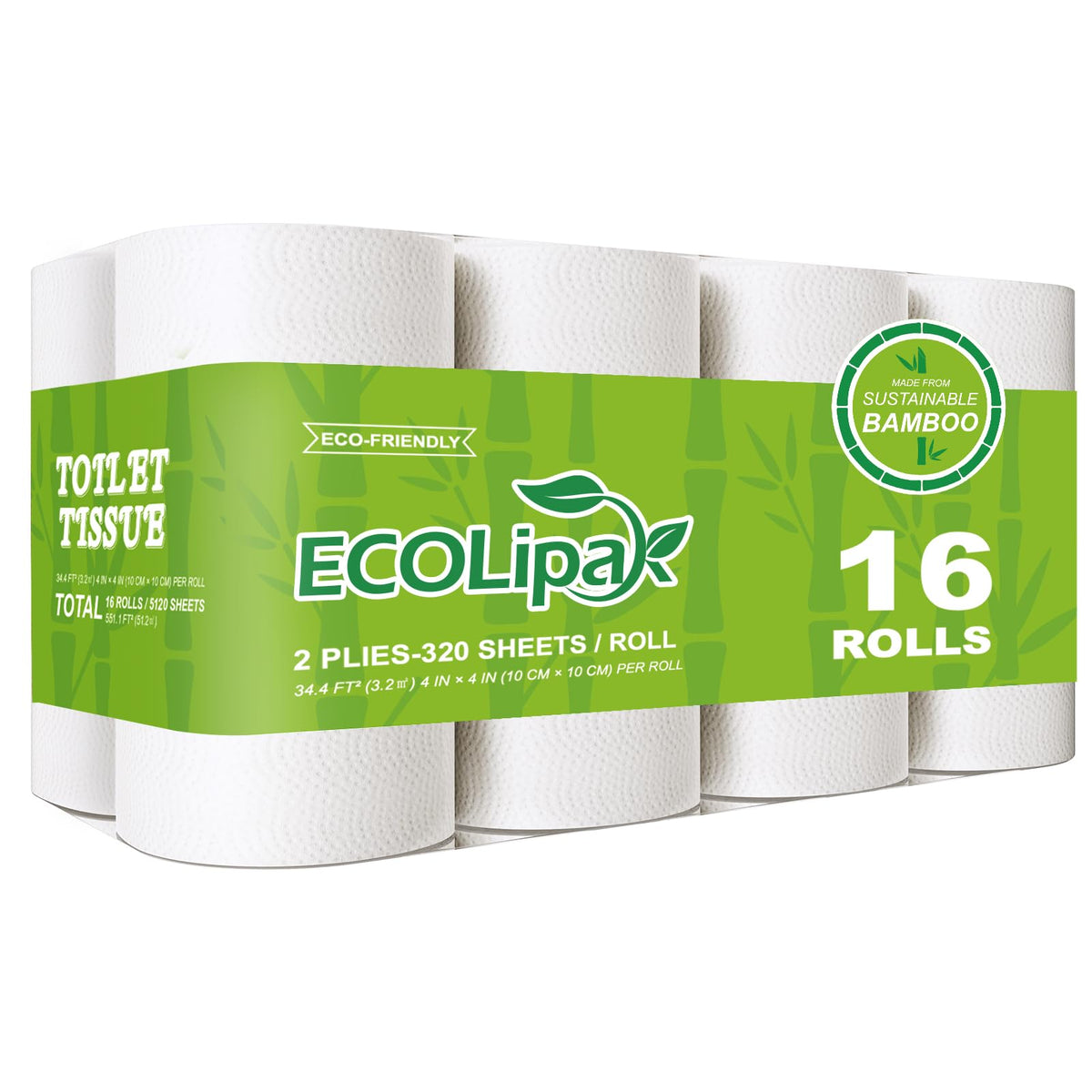 ECOLipak Bamboo Toilet Paper, Septic Safe Toilet Tissue, 16 Double Rolls, 320 Sheets Per Roll, Tree Free, Non Toxic, 2 Ply, Soft and Absorbent, Eco Friendly Dye-Free Paper