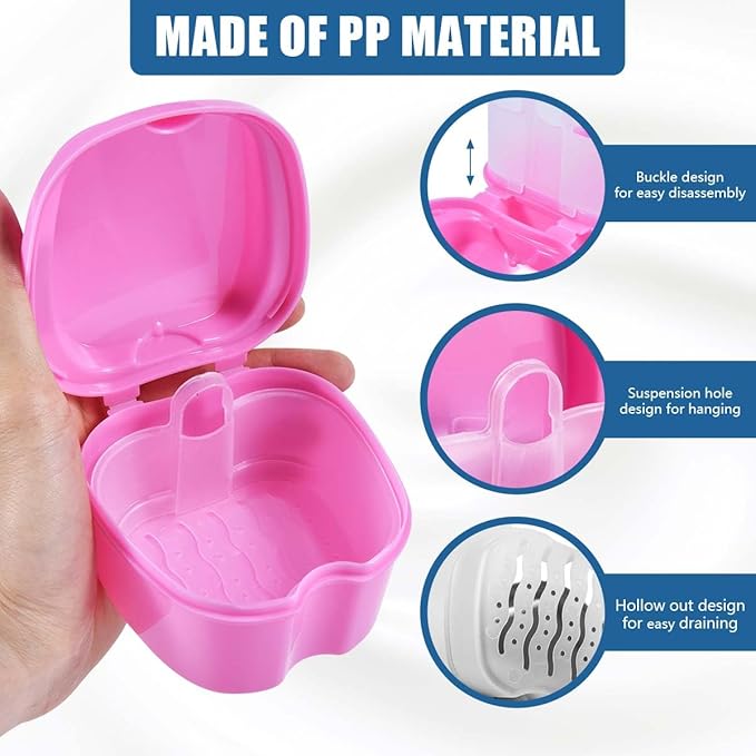 Pink Denture Bath Case Cup Box Holder Storage Container with Denture Cleaner Brush Strainer Basket for Travel Cleaning