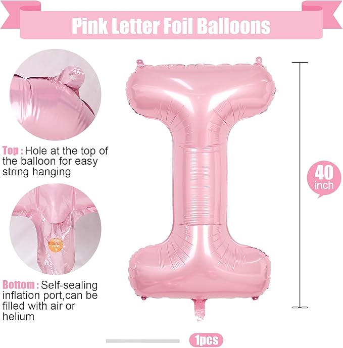 Pink Letter I Balloons,40 Inch I Letter Balloon Light Pink,A to Z Alphabet Helium Custom Pastel Balloon for Birthday Anniversary Baby Shower Wedding Party Decorations