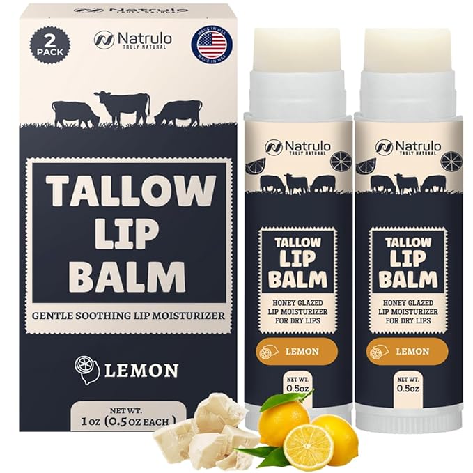 Beef Tallow Lip Balm – Natural Tallow Beeswax Chapstick – Hydrating Moisturizer Grass Fed Beef Tallow Balm Lip Care – Soothes Chapped Dry Sensitive Lips – Long Lasting Vitamin Rich USA-Made 2Pk Lemon