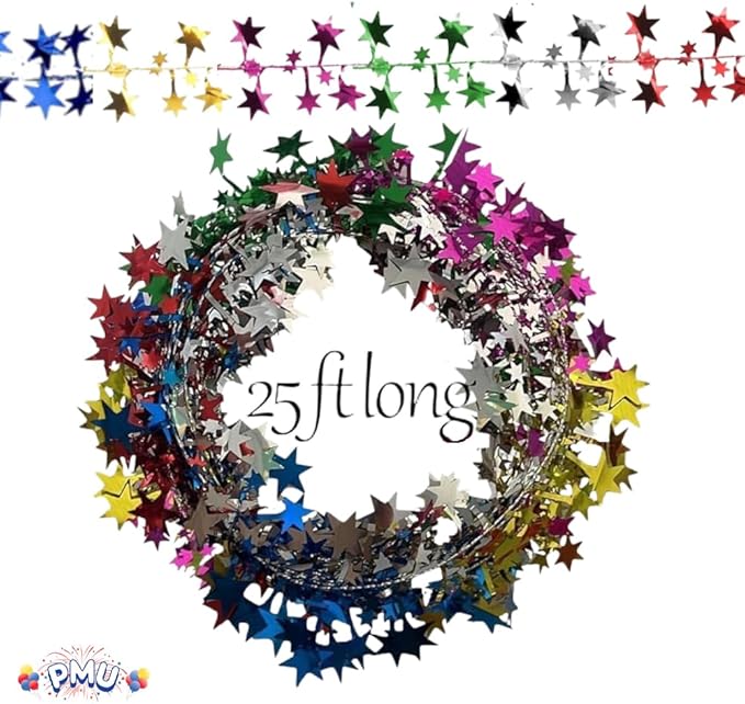 PMU 300 Ft Star Wire Shiny Garland Multi Color - Halloween, Christmas Party, Wedding, Birthday, Festive Home Decoration Ornament Multi Color (12pc-25Ft Each)