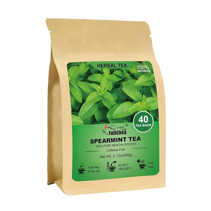 FullChea - Spearmint Tea Bags, 40 Teabags, 1.5g/bag - Premium Spearmint Leaves - Non-GMO - Caffeine-free - High in Antioxidant & Support Digestion