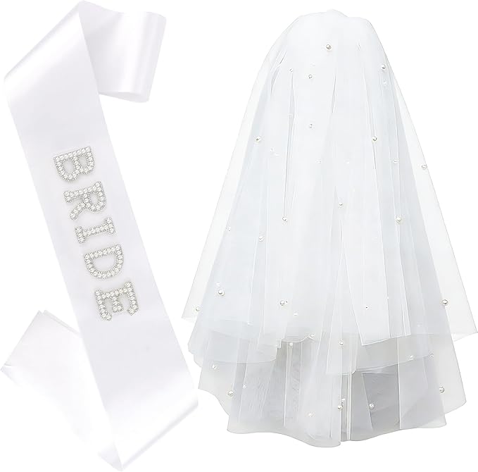 Bride to Be Set: Pearl-Trimmed Heart Sunglasses, Pearl BRIDE Sash & Tulle Veil - Bachelorette Party Bridal Accessories