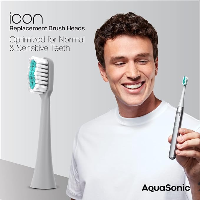AquaSonic Genuine Icon Replacement Brush Heads | Compatible with AquaSonic Icon Toothbrush | 2 Brush Heads | for Normal & Sensitive Teeth (Stone)