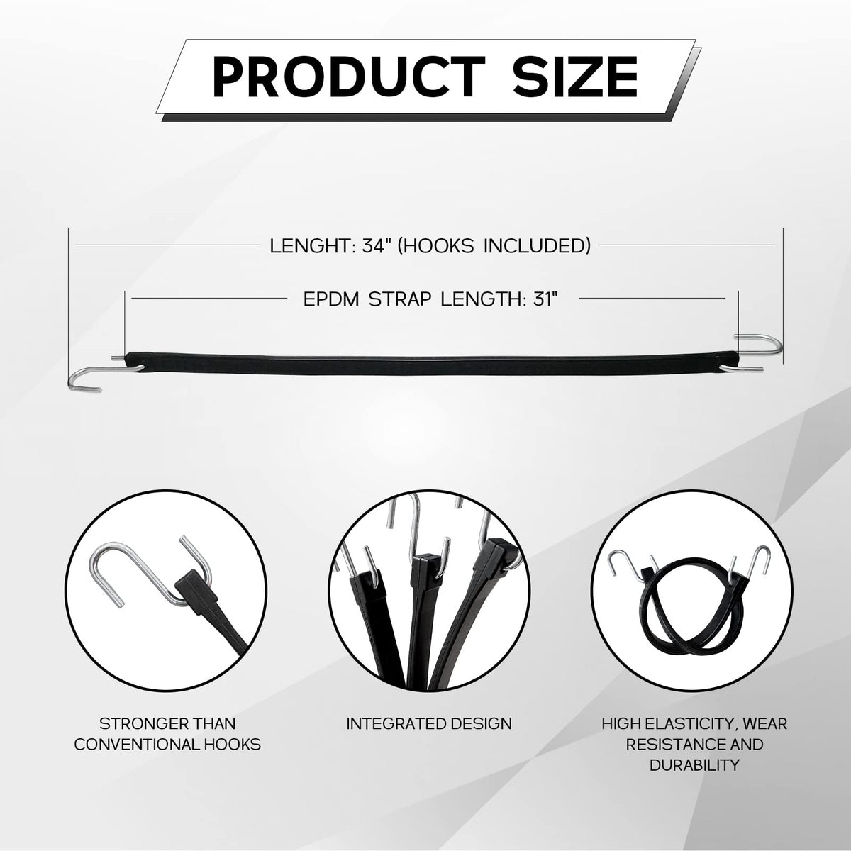 ROBLOCK 31" Rubber Tarp Straps with 150% Max Stretch, 100% EPDM Bungee Cords with Metal Crimped S Hooks, Ideal for Securing Tarps, Cargo, Canvases, Weatherproof (10 Pack)