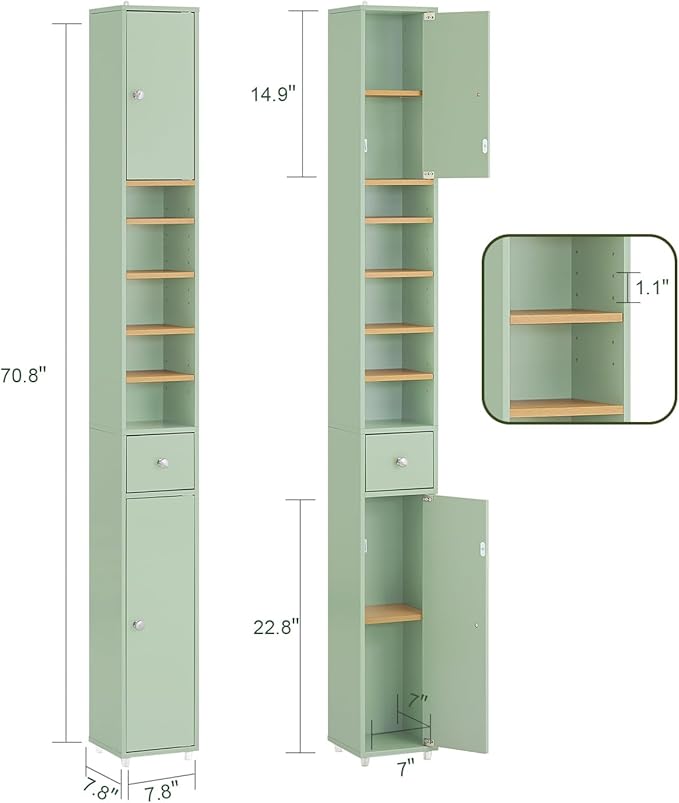 SoBuy Bathroom Narrow Storage Cabinet Skinny Tall Unit with Adjustable Shelves Slender Anti-Tipping Floor Standing Cupboard, Light Green BZR34-GR
