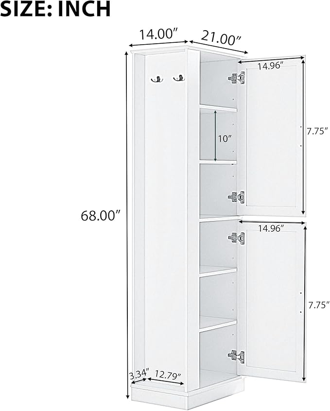 Tall Storage Cabinet, Bathroom Floor Freestanding Storage Cabinet with Hook and Adjustable Shelf for Bathroom, Office, Living Room, White