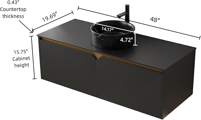48 Inch Bathroom Vanity with Sink, Floating Fluted Vanity with Vessel Sink, Modern Wall Mounted Bathroom Vanity Cabinet with 2 Doors, Black Vessel Sink & Sintered Stone Top, Black
