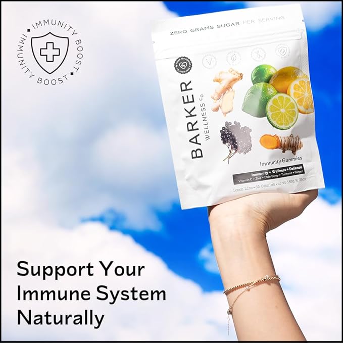 Barker Wellness Immunity Gummies with Vitamin C, Zinc, Elderberry, Turmeric & Ginger for Daily Immune Support | Vegan, Sugar-Free, Lemon-Lime Flavor | Seasonal Wellness Essentials, 60 Count