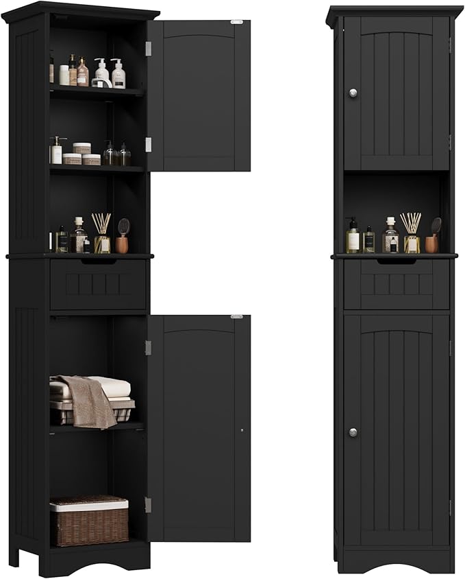 ChooChoo 67" Tall Bathroom Storage Cabinet, Narrow Bathroom Cabinet with 2 Doors and 1 Drawers, Freestanding Cupboard Floor Cabinet with Adjustable Shelves for Living Room, Kitchen, Black
