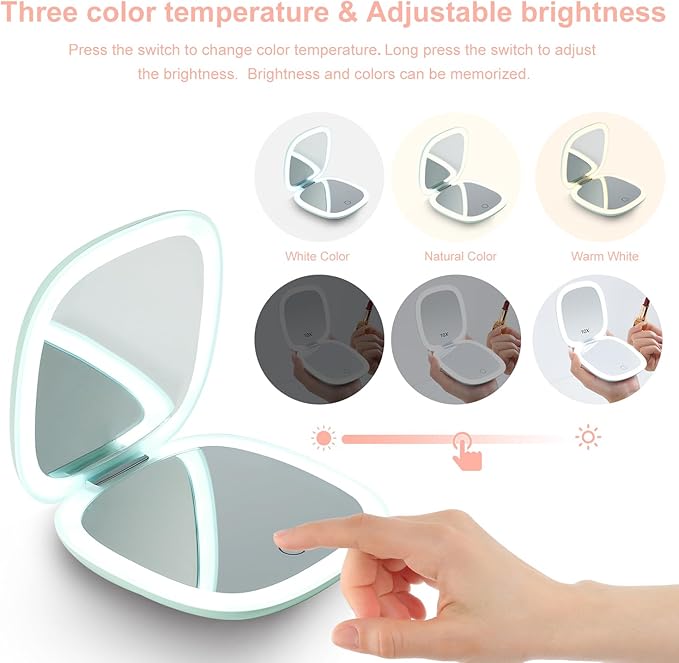 Mocado Compact LED Travel Makeup Mirror - 4 Inches 1X/10X Magnification Travel Mirror with Light Dimmable Double Sides Lighted USB Rechargeable Compact Mirror for Purse,Pocket,Travel(Powdery Green)