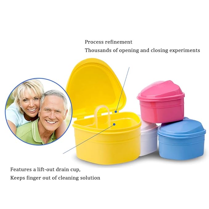 Denture Bath Box Cup, Complete Clean Care for Dentures, Clear Braces, Mouth Guard, Night Guard & Retainers, Traveling (Navy Blue & Blue)